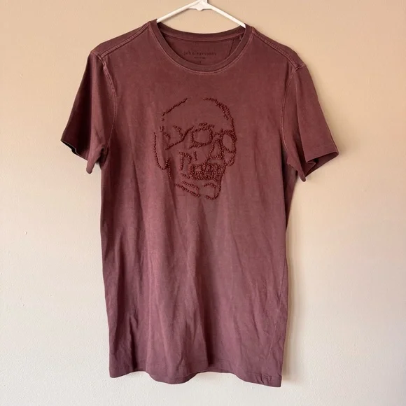 John Varvatos Beaded Skull Graphic T-Shirt Mauvewood Cotton Crewneck Sz S - Picture 2 of 12